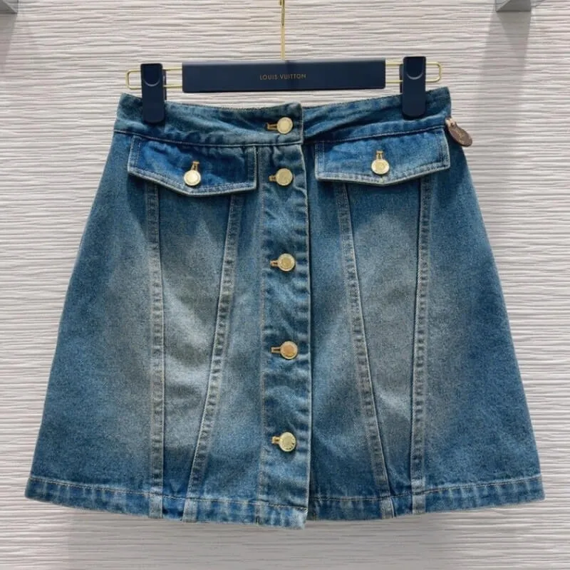 Button Front Denim Mini Skirt Structured High Waist Fit