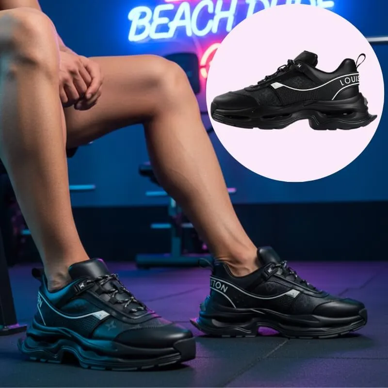 Model wearing chunky sole athletic sneakers in black