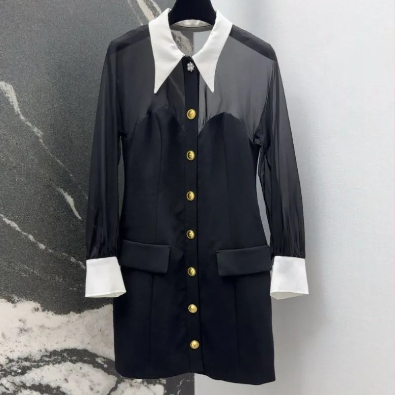 Contrast Collar Button Front Mini Dress Sheer Sleeve Chic Fit