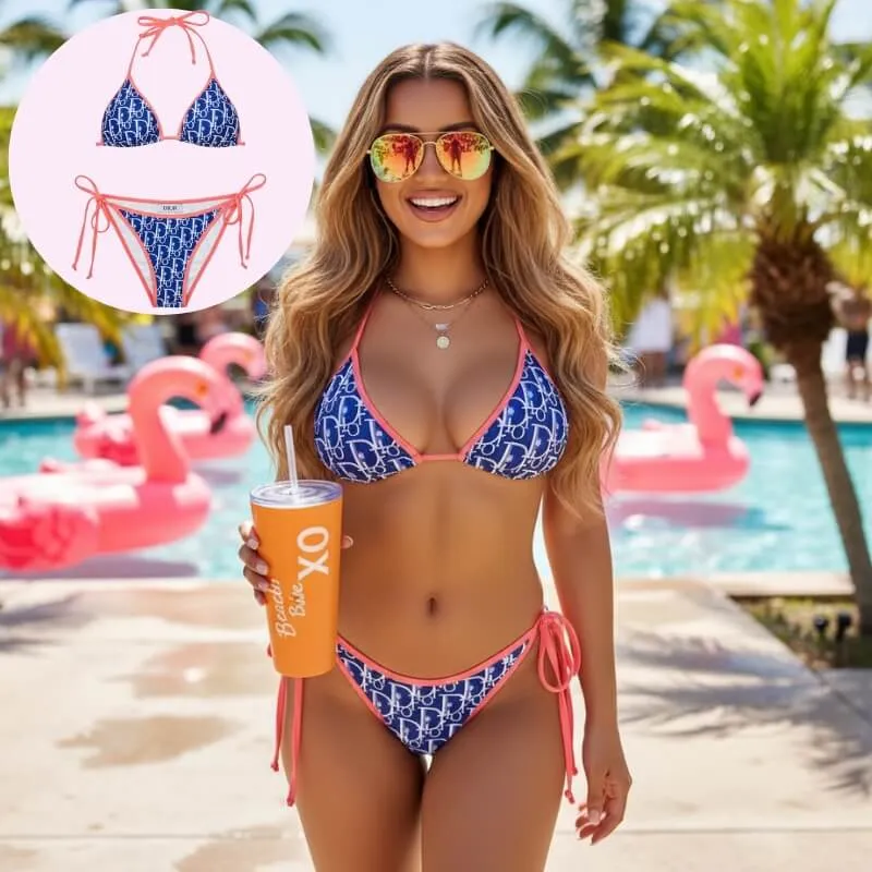 Model wearing contrast trim triangle bikini – tie side resort swimwear