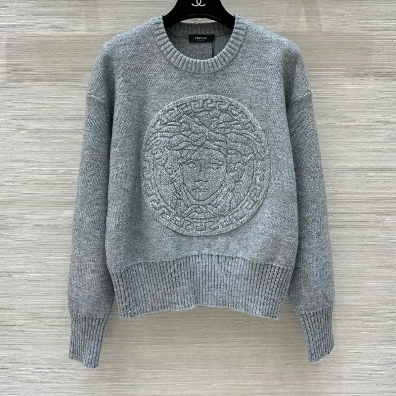Crew Neck Embossed Knit Sweater Elevated Casual Look