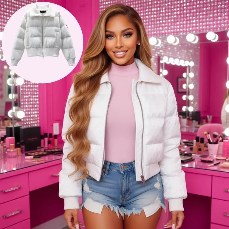 Model wearing cropped puffer jacket with wide collar in white