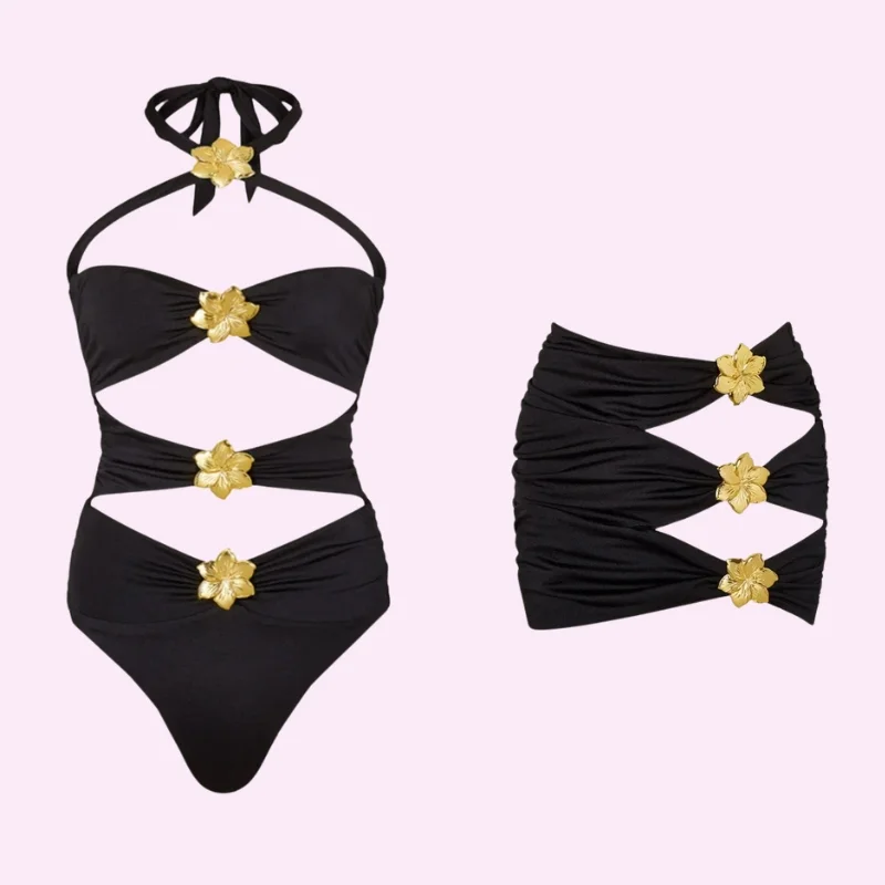 Cutout Flower Detail Swimsuit with Ruched Skirt