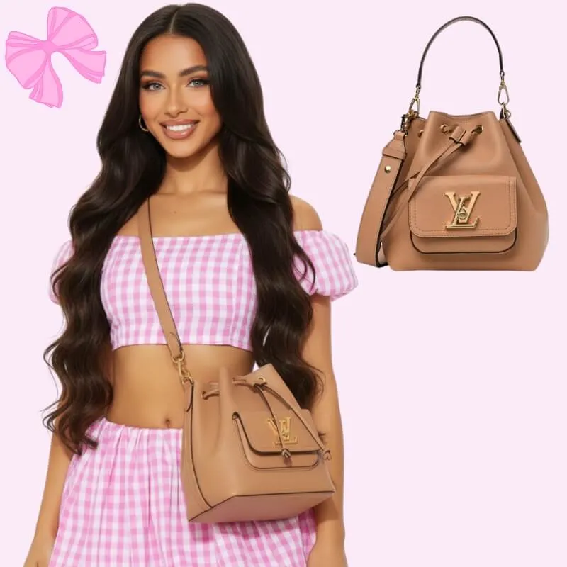 designer bucket handbag in tan product detail