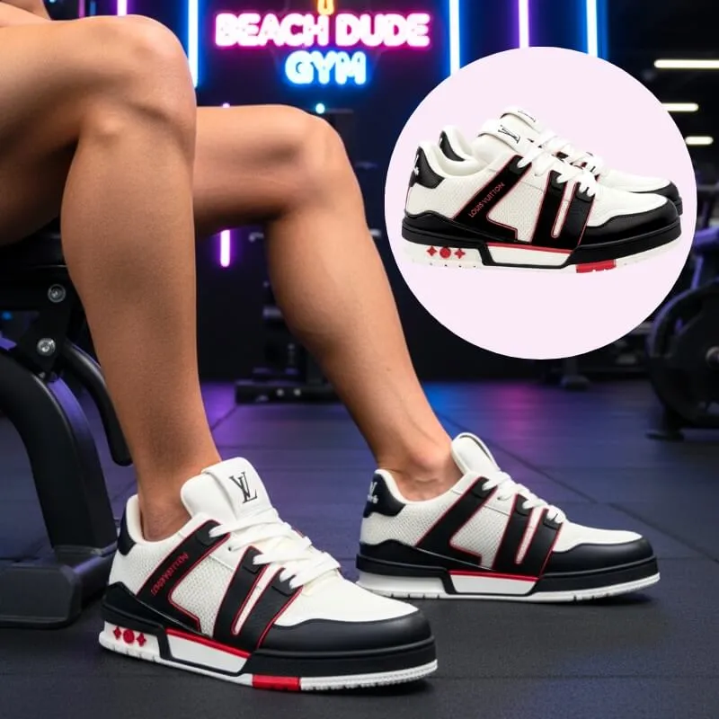 Model wearing designer high end trainer shoes in black/red