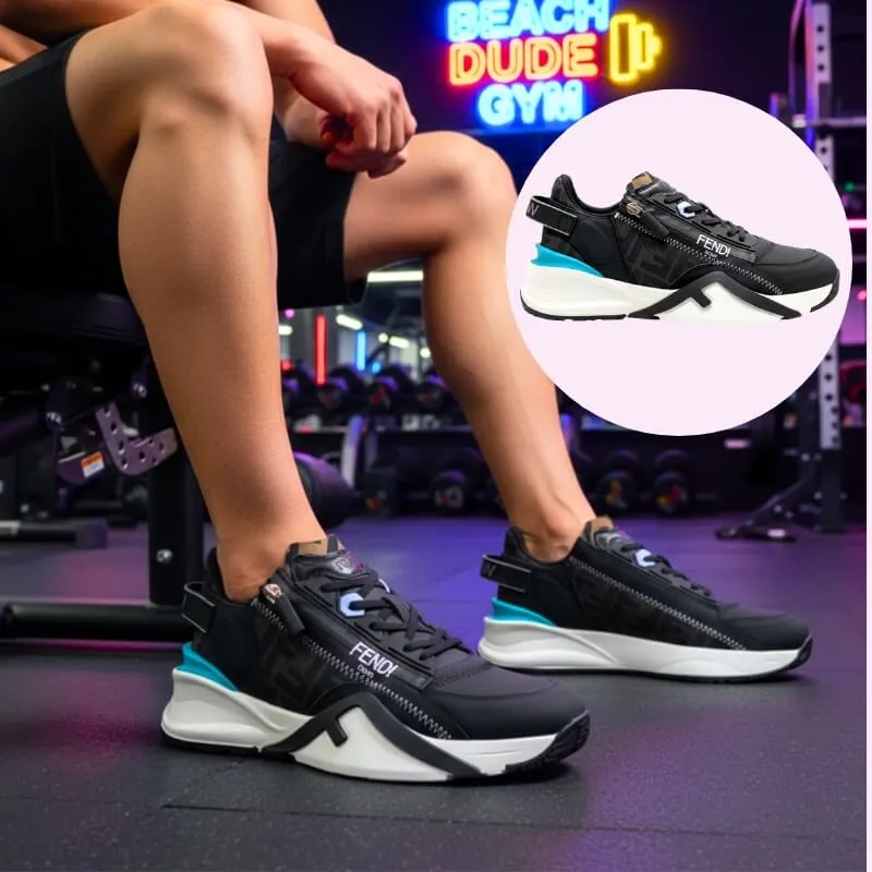 Model wearing designer luxe flow sneakers in black