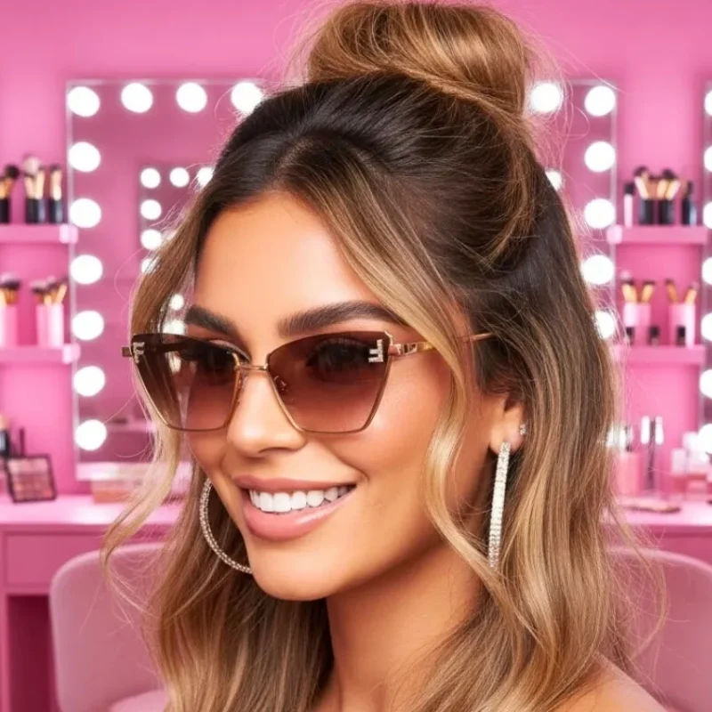 designer rimless cat sunglasses in brown product detail