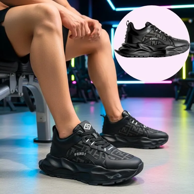 Model wearing designer wave sole high end sneakers in black