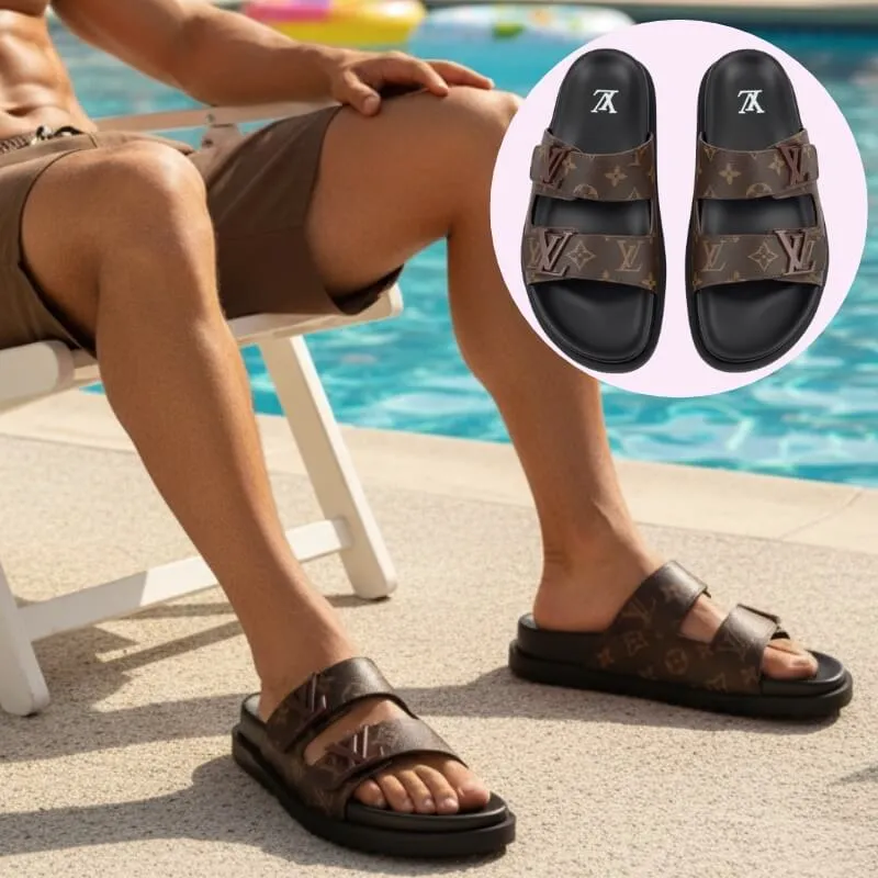 Model wearing double strap slide sandals in brown