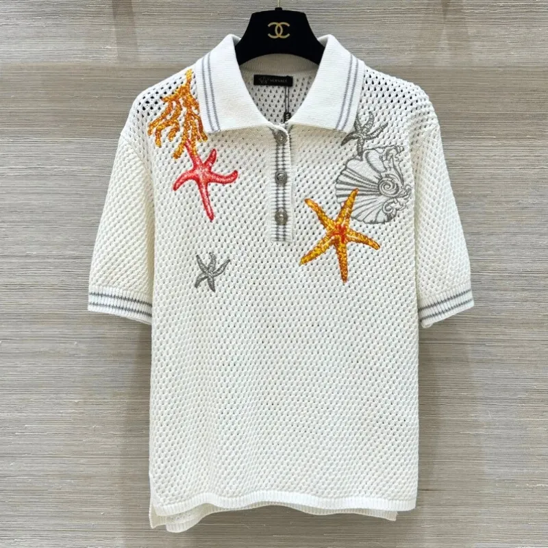 Embellished Starfish Knit Polo Top Textured Short Sleeve Sweater