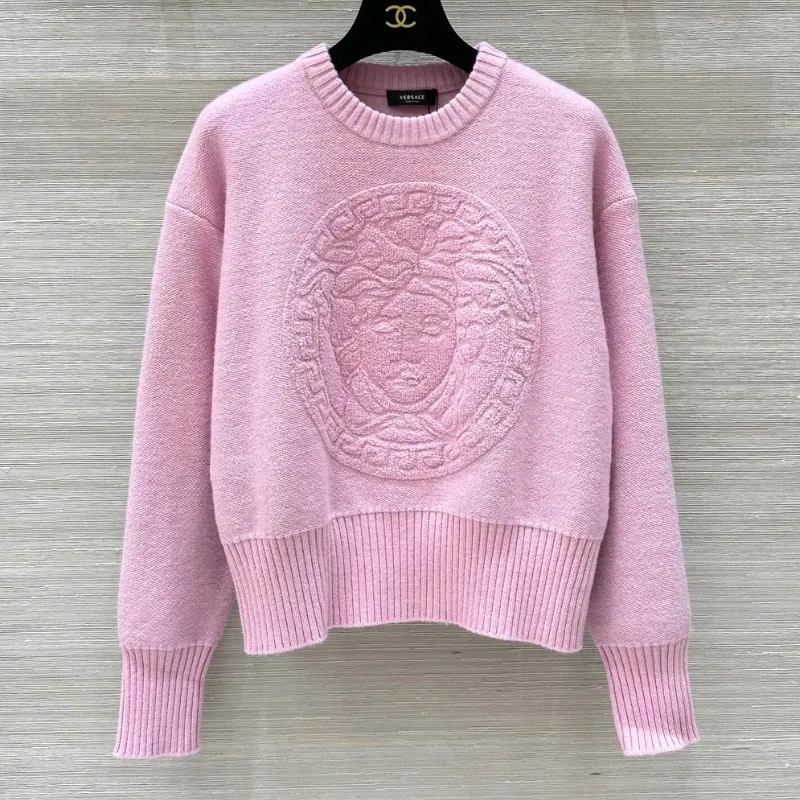 Embossed Medallion Knit Sweater Relaxed Crew Neck Pullover