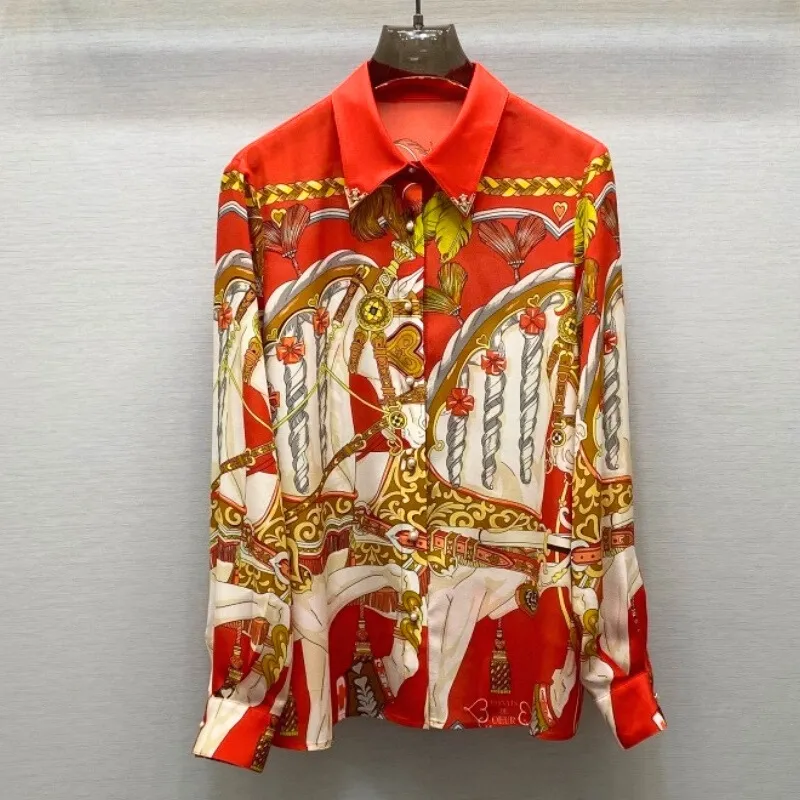 Equestrian Graphic Button Down Blouse Women’s Statement Silk Style Top