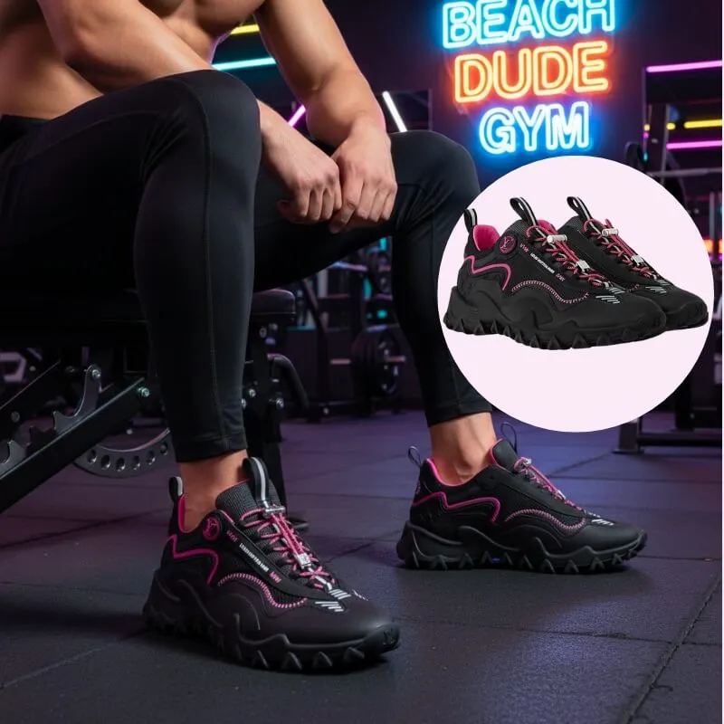 Model wearing fashionable monogram trainers in black/pink