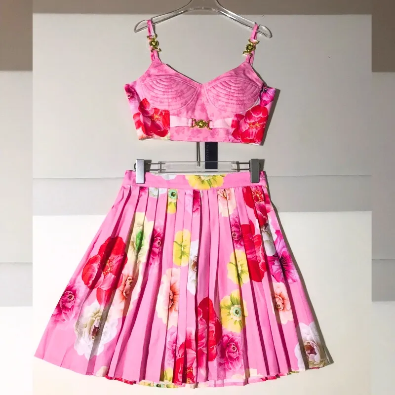 Floral Pleated Mini Skirt Set Cropped Cami Two Piece Outfit