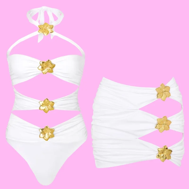 Flower Charm Cutout Swimsuit with Ruched Skirt