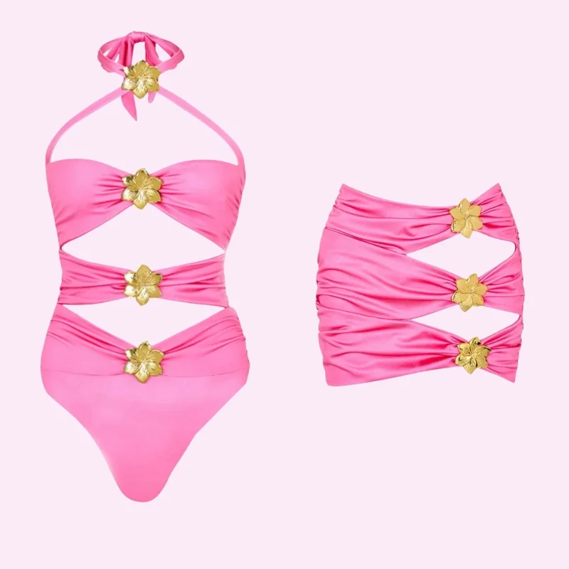 Flower Detail Cutout Swimsuit with Ruched Skirt