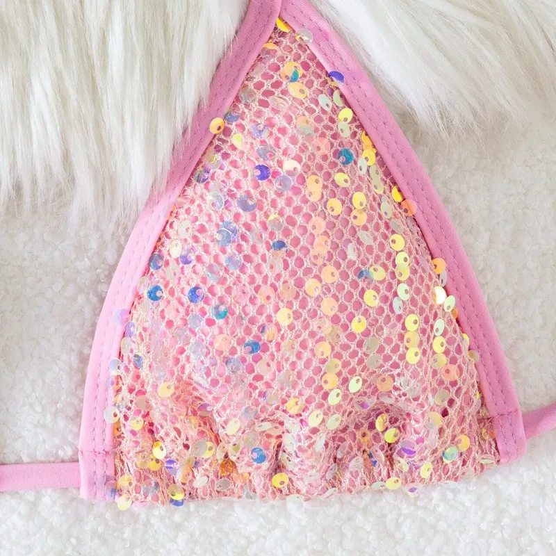 Glitter Sequin Triangle Bikini Set Tie Side Beach Party Swimwear