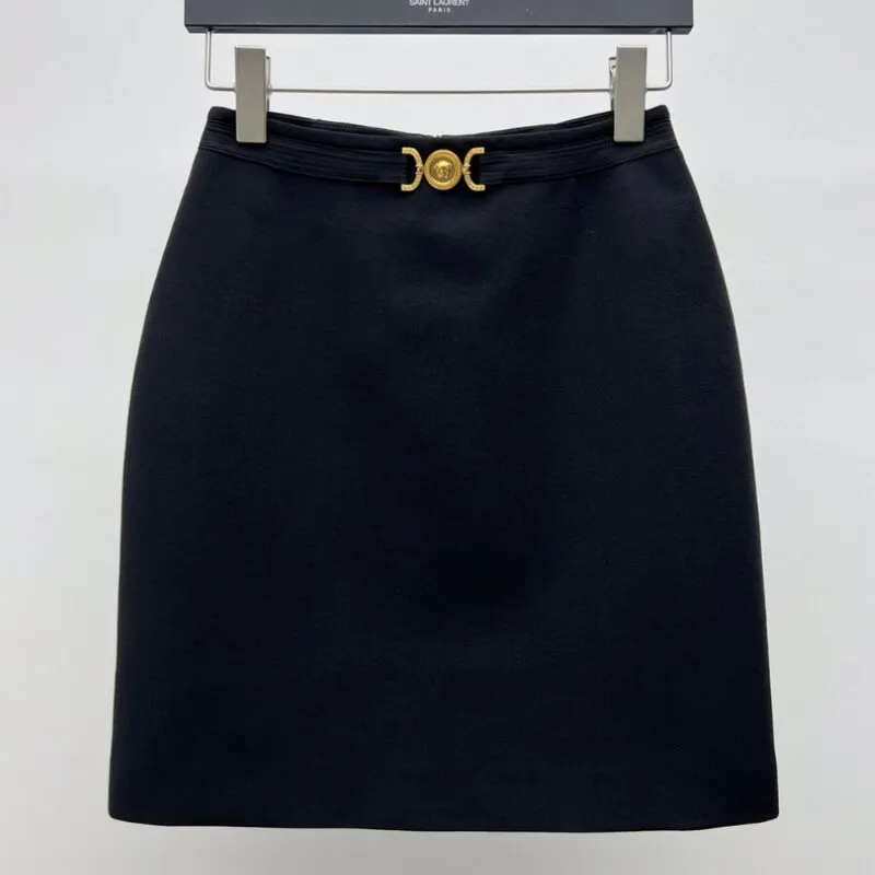 High Waist Gold Buckle A-Line Mini Skirt