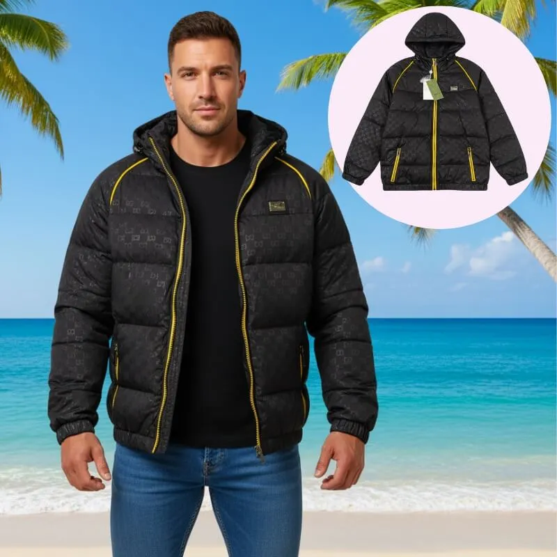 Model wearing hooded puffer jacket with contrast trim in black