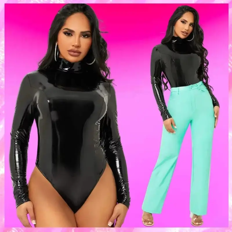 Black high neck bodysuit made of patent leather with long sleeves and a high-cut design.