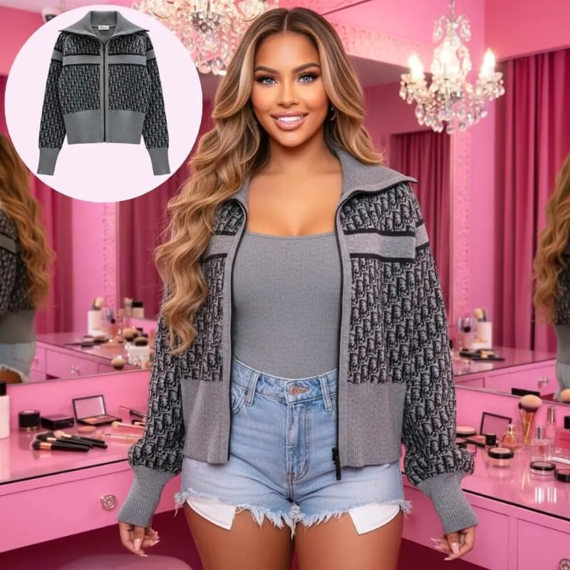 Model wearing knit zip up jacket with wide collar grey