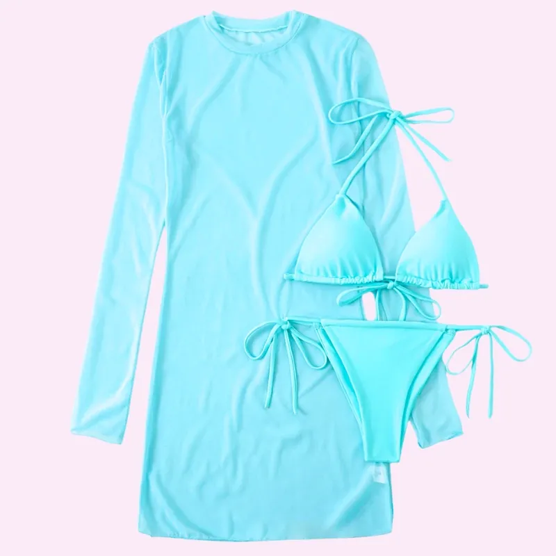 Light Blue Bikini Set with Sheer Cover Up Dress fashion outfit for women