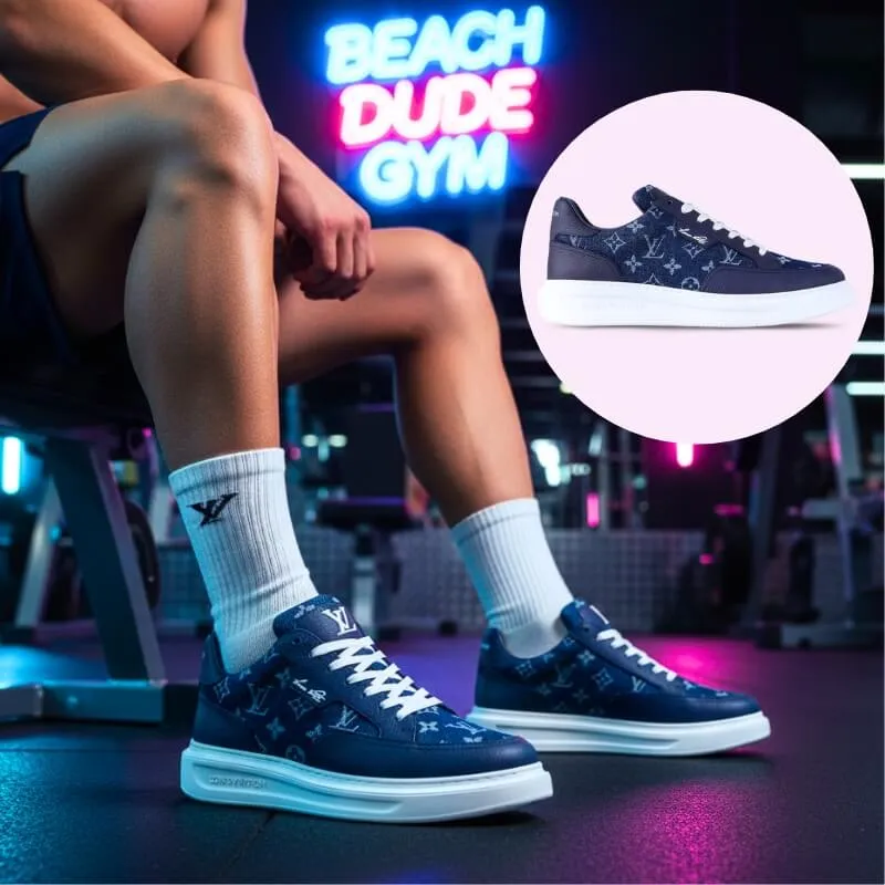 Model wearing luxury denim sneakers in blue