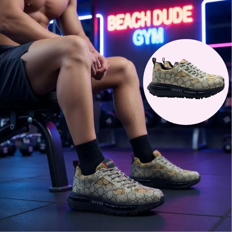Model wearing luxury designer sneakers with grip soles in beige