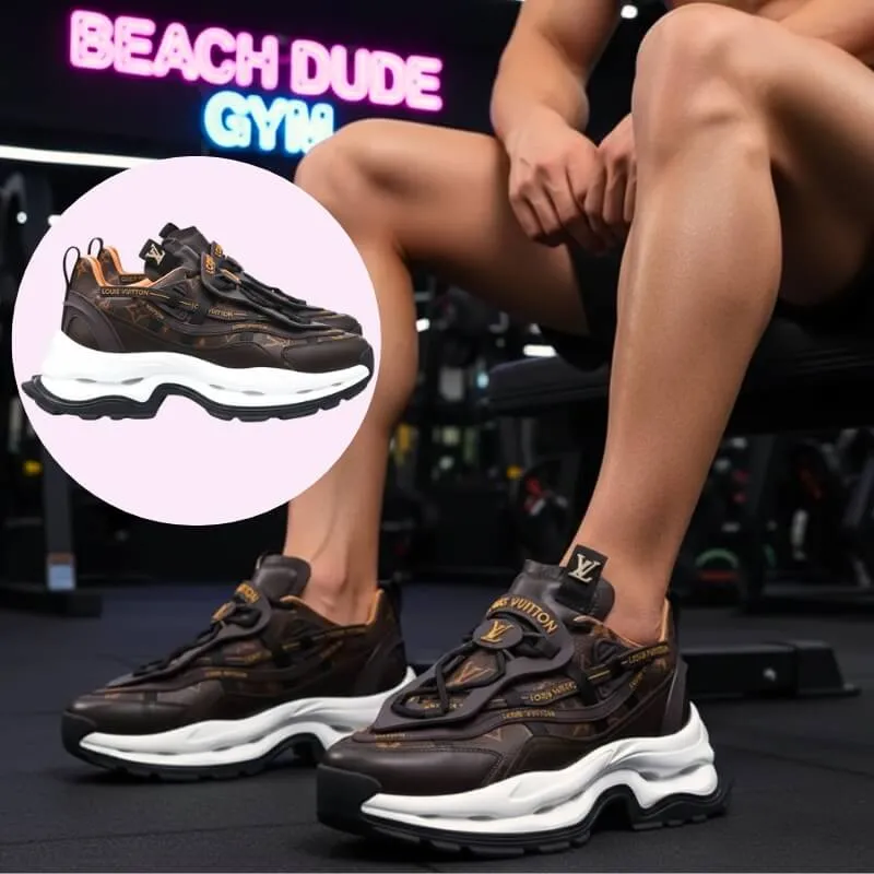 Model wearing luxury double sole sneakers in brown