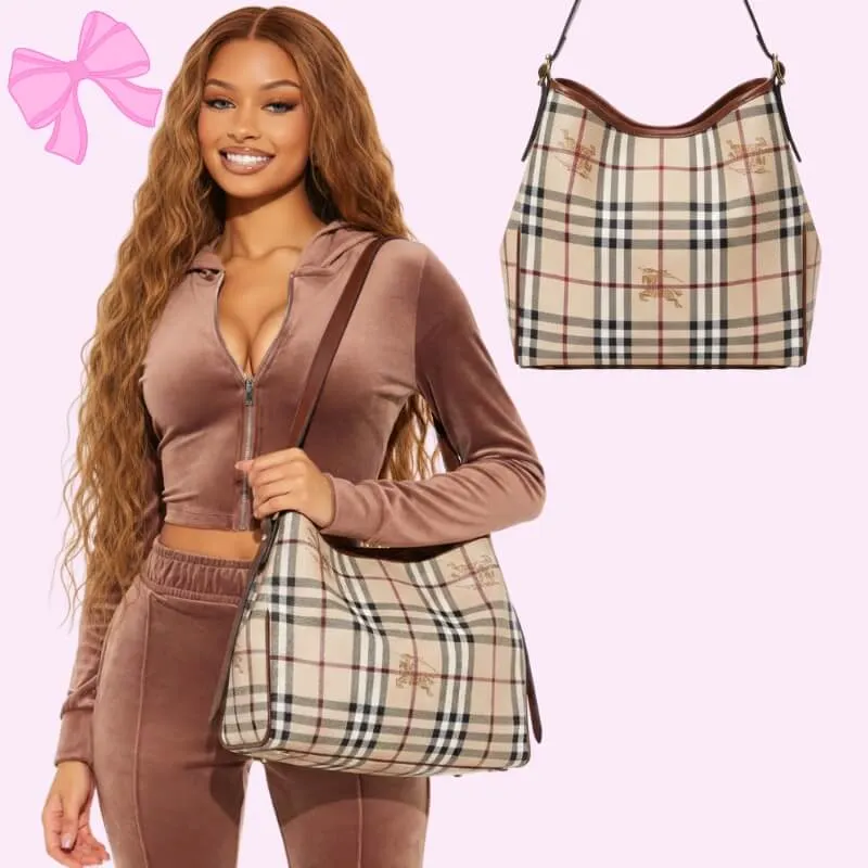 luxury plaid handbag tote in tan product detail