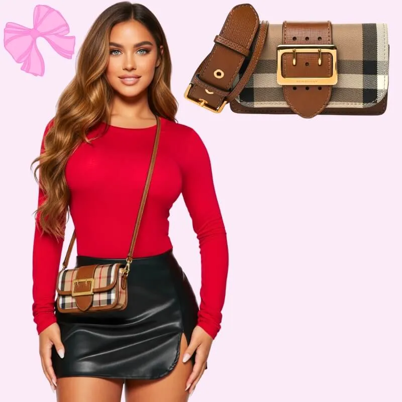 luxury plaid handbag with buckle in brown product detail