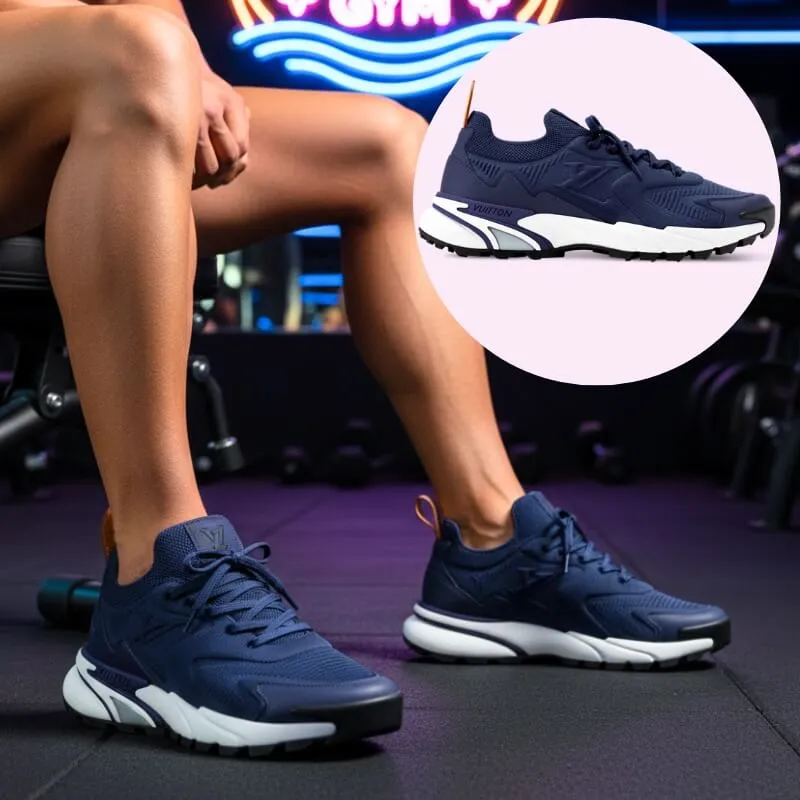 Model wearing luxury tatic runner sneakers in navy blue