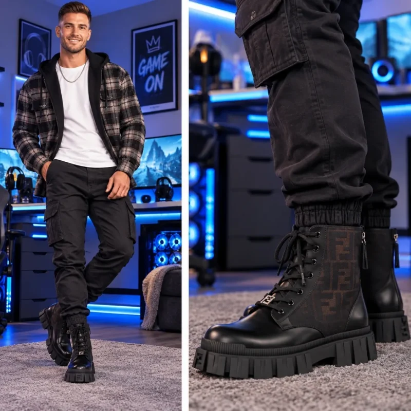 Model wearing men’s chunky lug sole lace up combat boots in black
