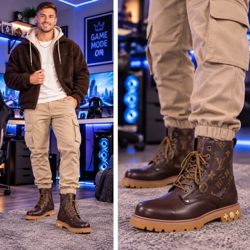 Model wearing men’s designer monogram lace up combat boots in brown