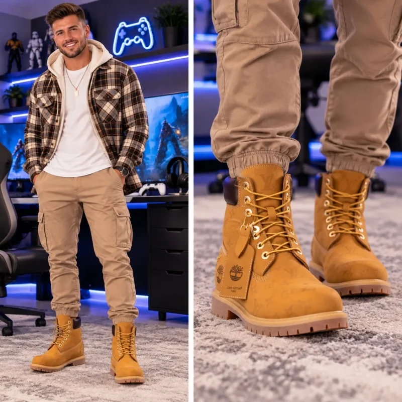 Model wearing men’s monogram lace up lug sole work boots in tan
