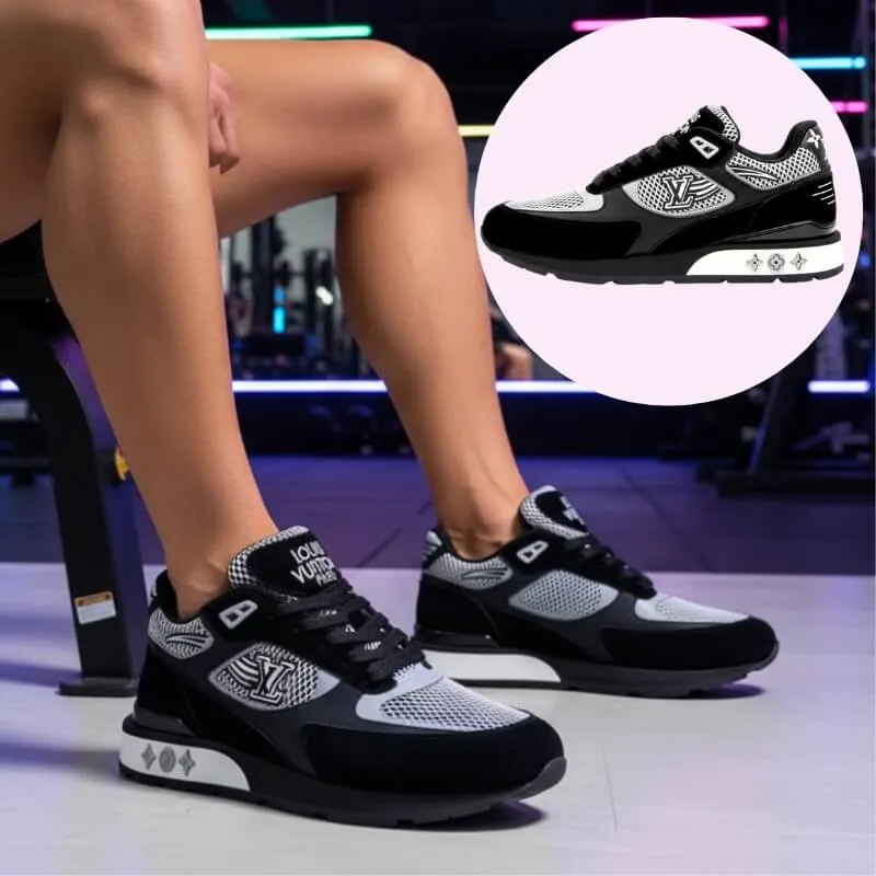 Model wearing mesh panel running sneakers in black