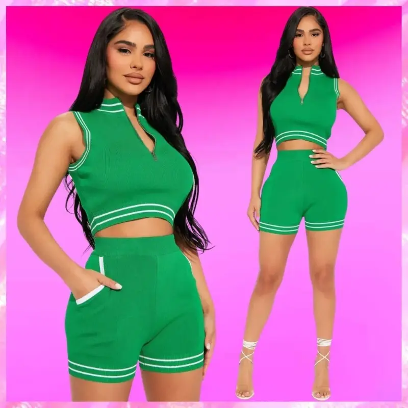 Miami Beach Sleeveless Top & Shorts Set in Green – women’s summer two-piece outfit front view