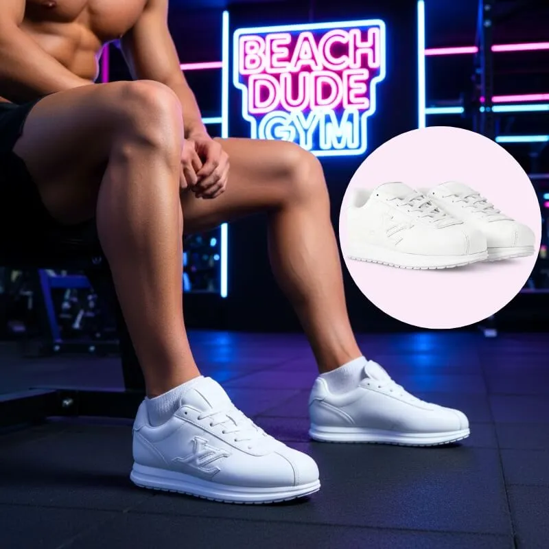Model wearing modern streetwear trainers in white