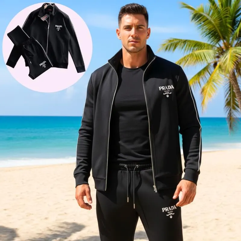 Model wearing modern tracksuit set with logo side trim in black