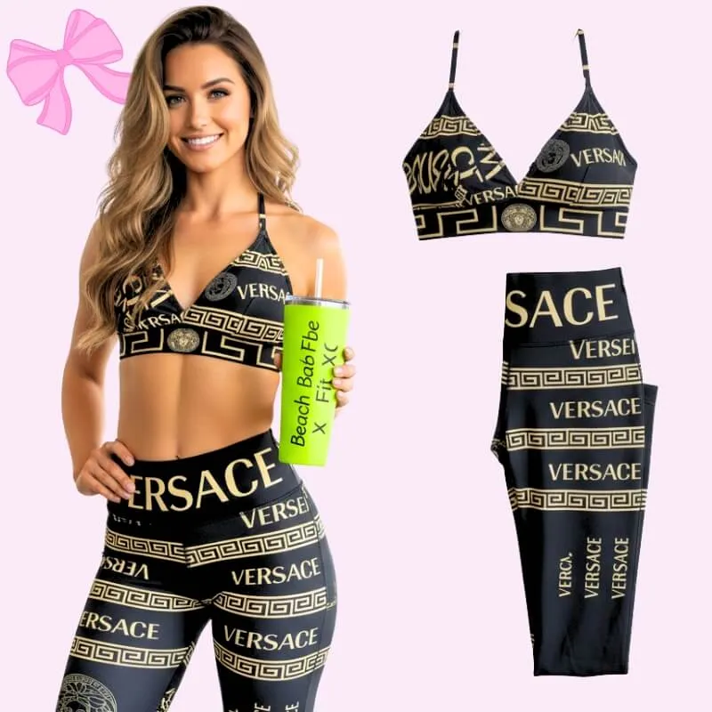 Model wearing monogram bralette dri fit yoga set in black