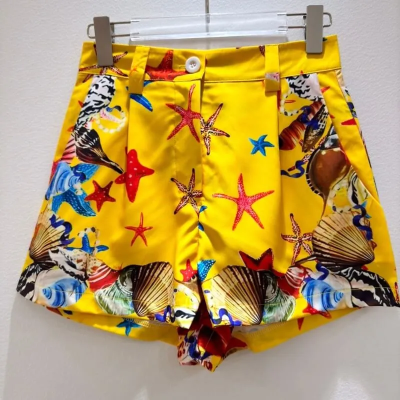 Ocean Shell Print Silk Mini Skort High Waist Resort Fit
