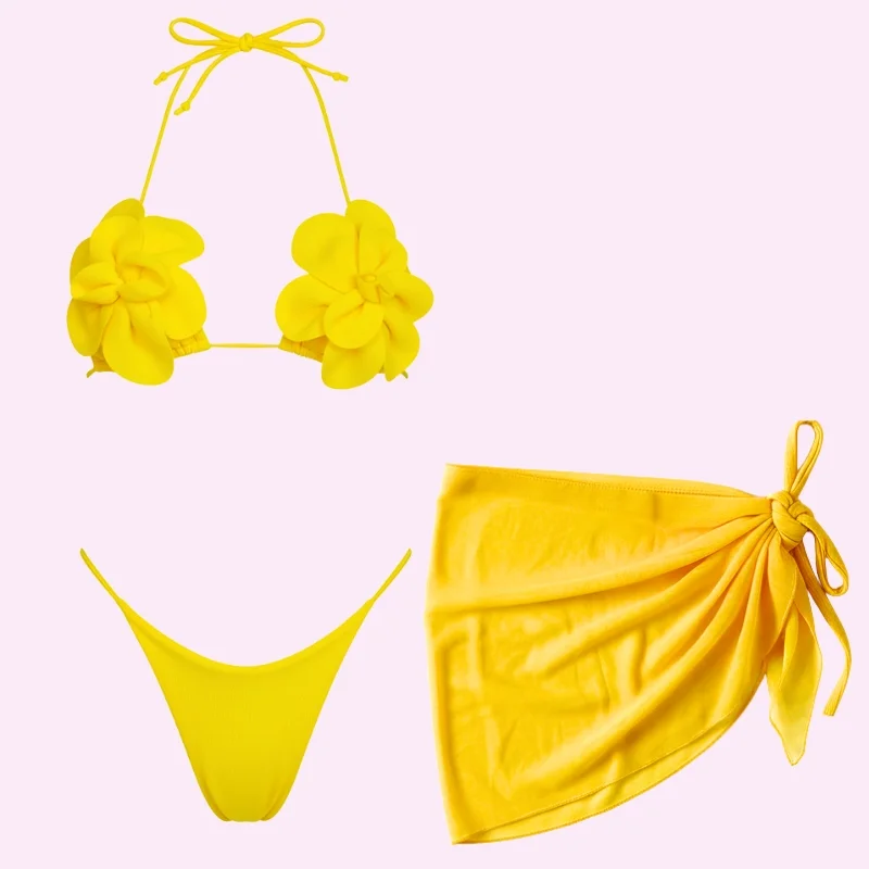 Oversized Flower Triangle Bikini Set with Sarong