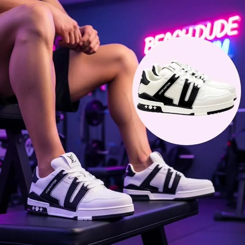 Model wearing premium luxe designer sneakers in white/black