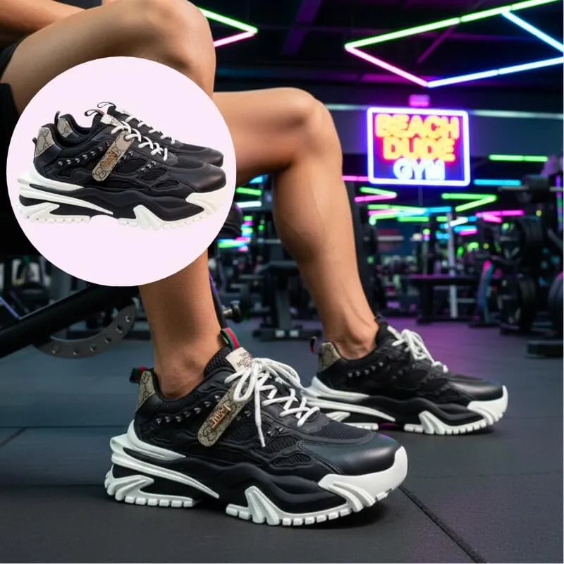 Model wearing premium luxury sneakers in black