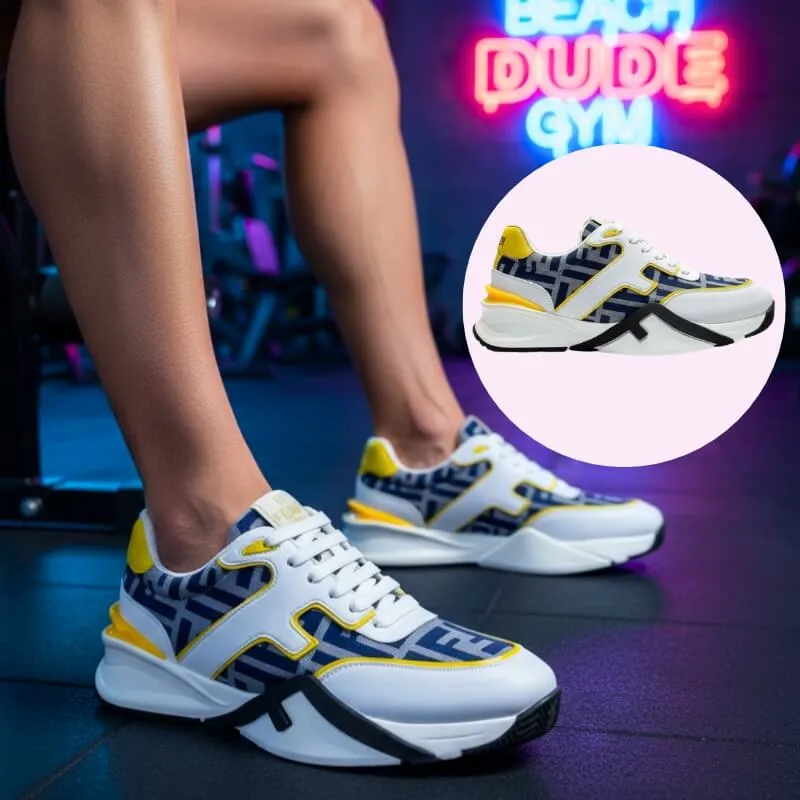 Model wearing premium monogram athletic footwear in white