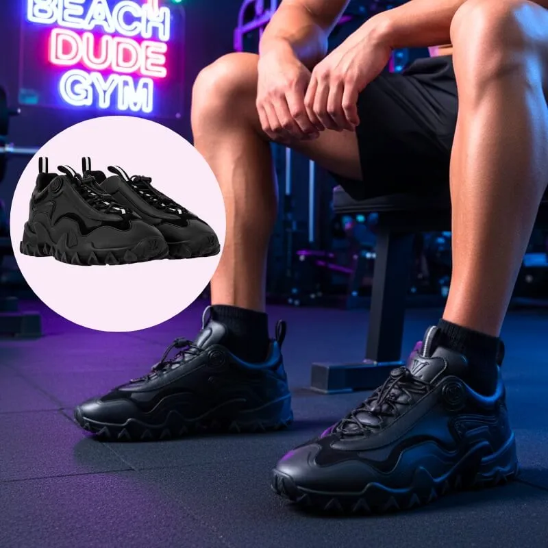 Model wearing premium monogram designer sneakers in pure black