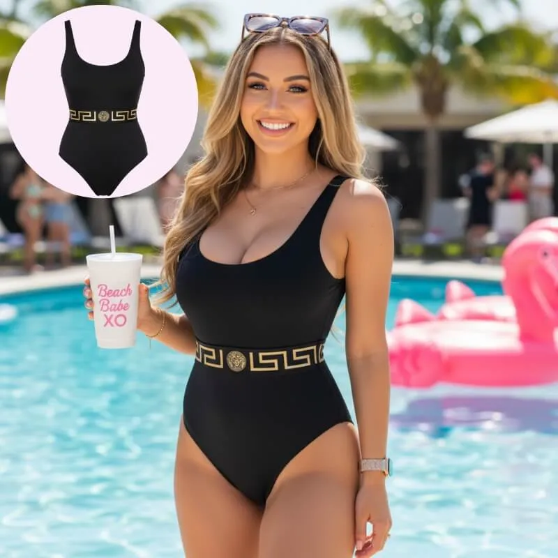 Model wearing waist band one piece swimsuit – contour coast swimwear