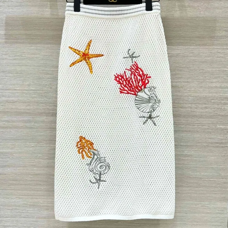 Starfish Embellished Knit Midi Skirt Coastal Slim Fit Style