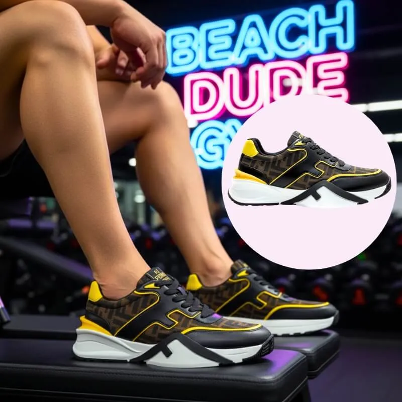 Model wearing stylish monogram running shoes in black