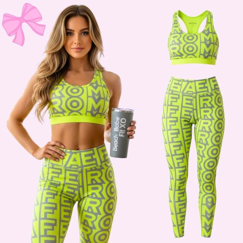 Model wearing stylish roma monogram yoga set in green
